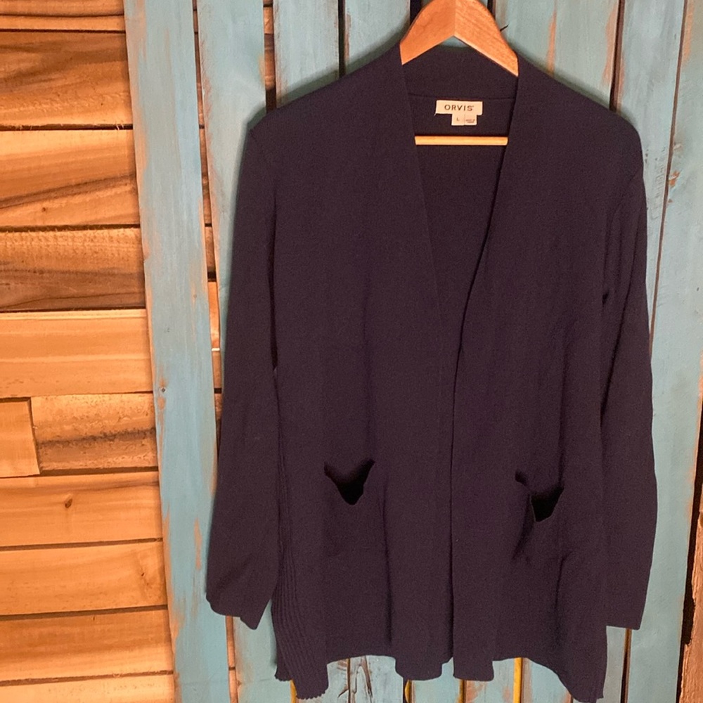 Orvis navy blue open front cardigan sweater with two waist pockets